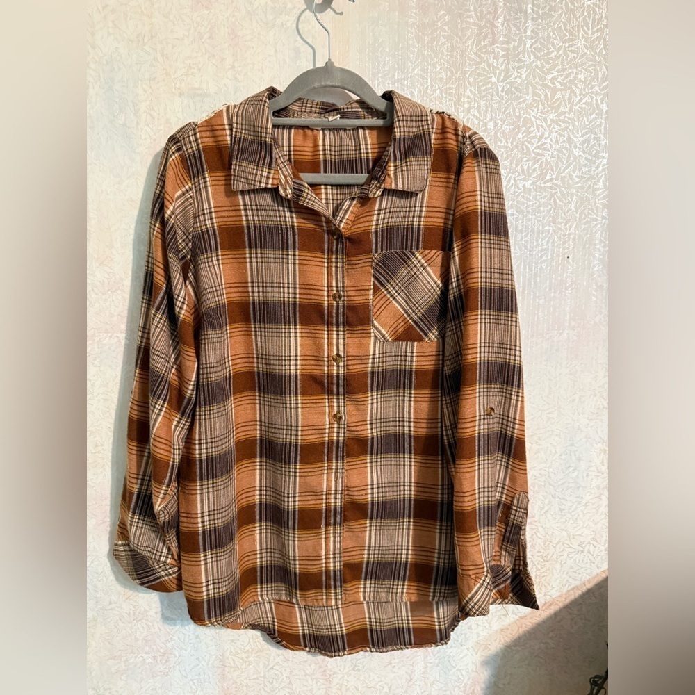 Plaid Button Down‎ Shirt - Brown and Black with Crocheted Accent, Sz Large